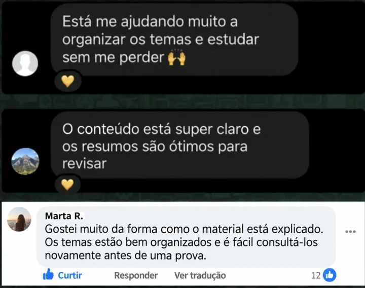 Mensagens de alunas sobre a organização e a clareza do material